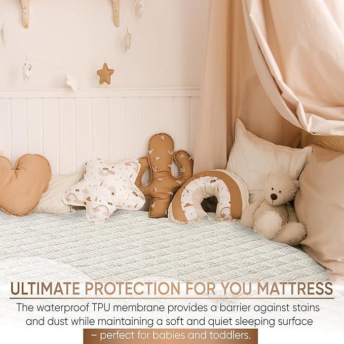 Crib Luxury Quilted Organic Mattress Protector Pad - Certified Organic Cotton, Waterproof Skin-Friendly Breathable Mattress Cover - Premium 380 GSM Comfort - Jersey Cotton Skirt
