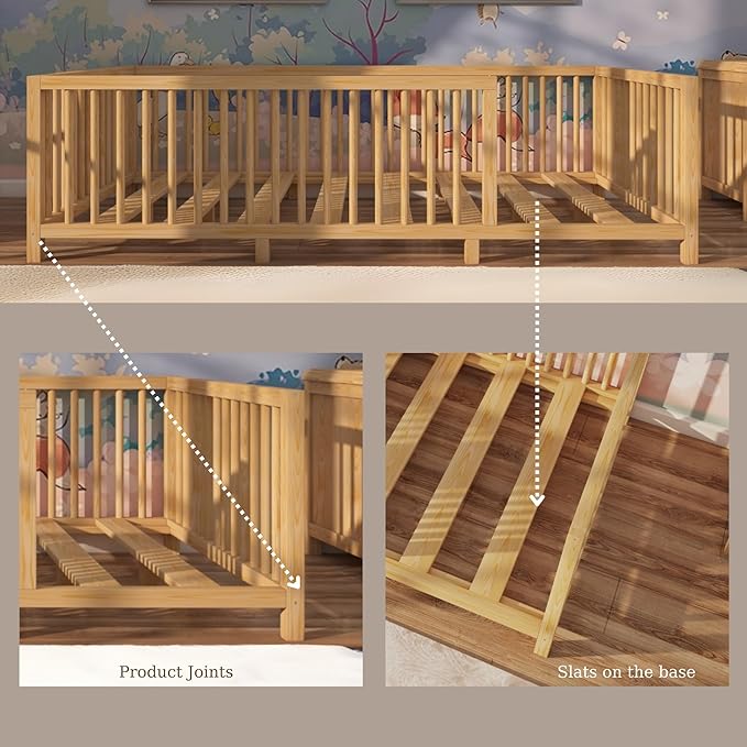 Montessori Floor Bed with Slats for Toddler 54.3'' x 75.2'' Full Size | Pine Wood Natural Solid Frame Bed | Sturdy Design Floor Bed Frame for Boy and Girls (Full, Height : 19 Inches)