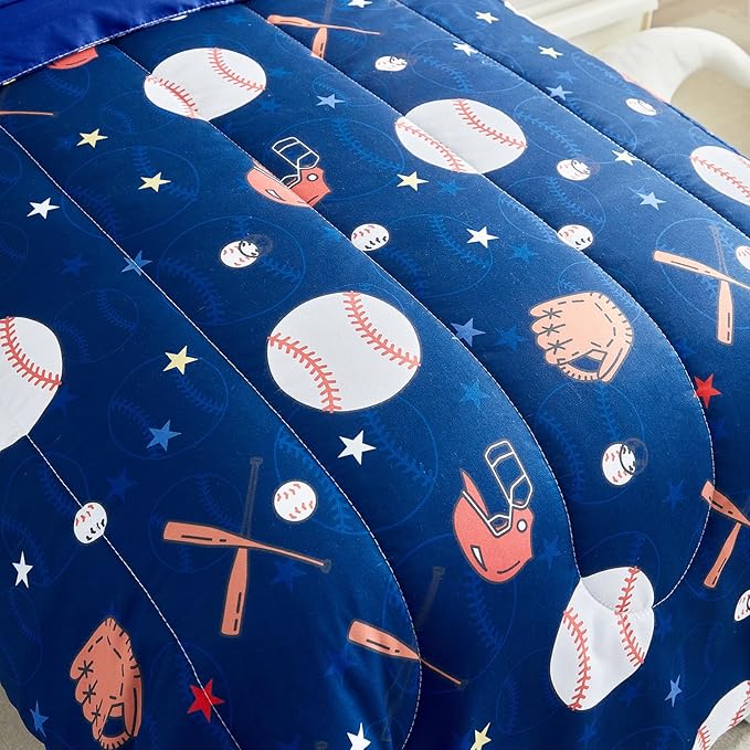 4 Pieces Baseball Toddler Bedding Set for Boys Gilrs Navy Blue White Stars Toddler Bed Set with Baseball Bat Cap Gloves Cute Toddler Bed in a Bag with Navy Blue Sheet Set and Pillow Shams