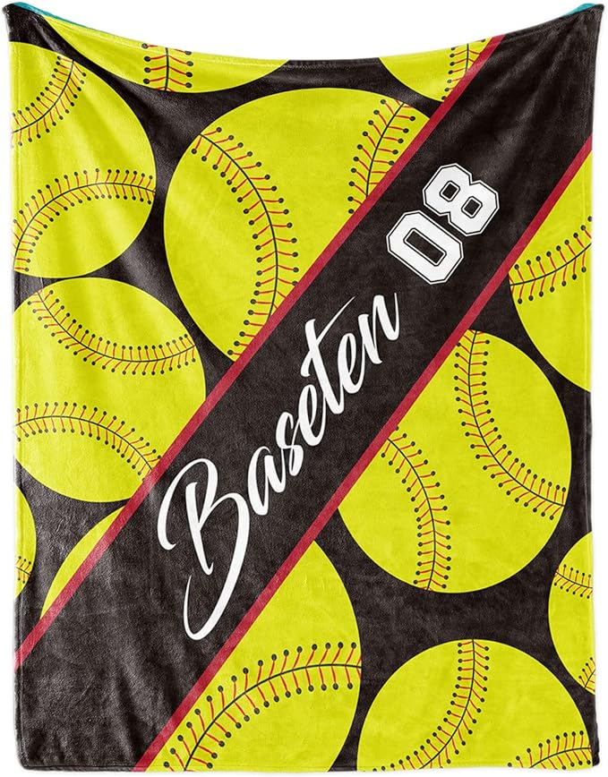 Personalized Softball Baby Blanket Gifts: Custom Soft Flannel Fabric Blankets with Name Number for 0-6 Years Kids Boys Girls - Warm and Comfortable(30X40inch)