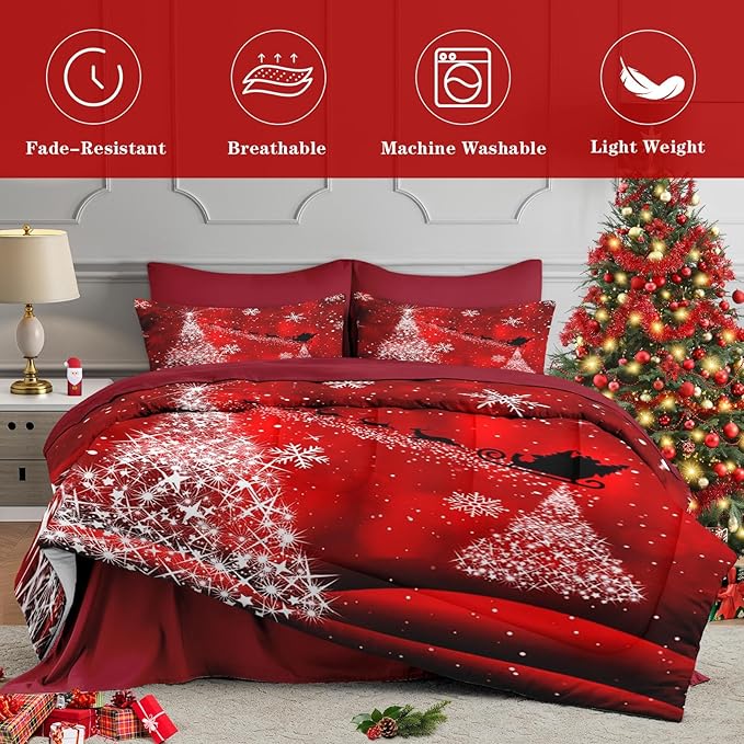 7 Pcs Full Size Christmas Comforter Set with 2 Pillowcases & 2 Shams, Glitter Pine Tree Bedding for Kids and Adults, Winter Elegant Snowflake Bed in a Bag with Flat Fitted Sheet