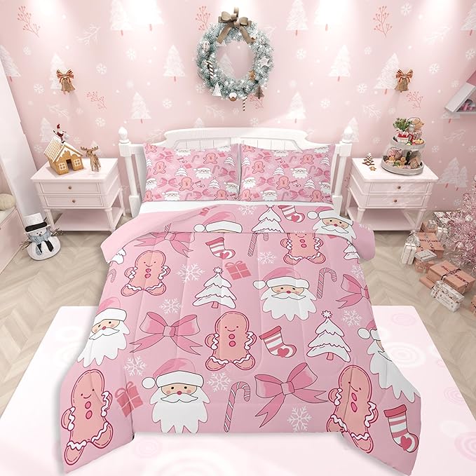 Feelyou Pink Christmas Bedding Set Soft for Boys Girls, Santa Claus Comforter Set Toddler Size Gingerbread Man Duvet Quilt Microfiber Bow Candy Cane Bedroom Decor 2 Pcs with 1 Pillow Cases