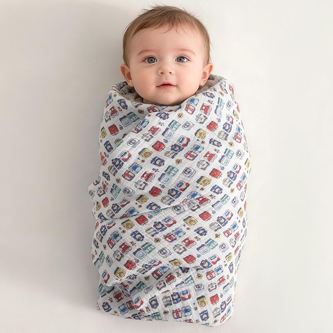 NTBAY 4 Layer Muslin Cotton Toddler Blanket, 42x60 Soft and Breathable Receiving for Newborns and Infants, Perfect for Crib, Stroller, Travel, Lightweight Nursery Blanket, Cartoon Train