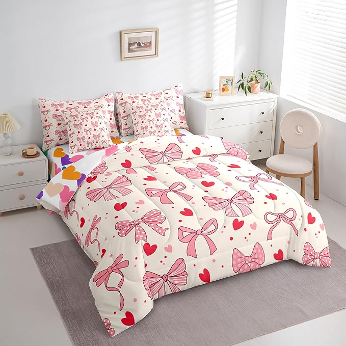 Pink Bowknot Bow Tie Kids Comforter King Size,Love Heart Dot Geometric Patchwork 7 Pcs Bedding Set,Stripe Snowflake Romantic Room Decor,Princess （Fitted+Sheet+2 Pillowcases+2 Throw Pillow Covers）