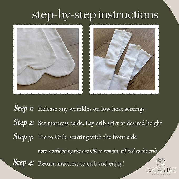 White Scalloped Crib Skirt Ruffle (One-Sided Add-On), Adjustable Linen Cotton Blend, Neutral Baby Bedding for Boys and Girls, Elegant Nursery Decor Skirt
