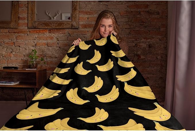 Thuswarm Cute Banana Kawaii Black Flannel Throw Blanket Warm Cozy Soft Funny Print Blankets for Bed Couch Sofa Room Decoration Gifts 50”×40” Small for Kid