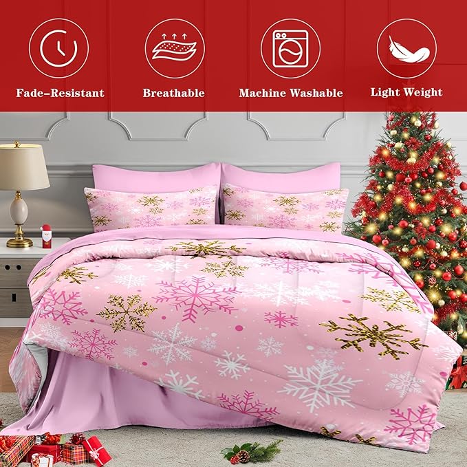 7 Pcs King Size Christmas Comforter Set with 2 Pillowcases & 2 Shams, Pink Winter Snowflake Bedding for Kids and Adults, Funny Sparkle Farm Bed in a Bag with Flat Fitted Sheet