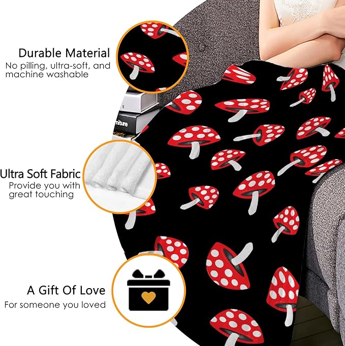 Thuswarm Cute Red Mushroom Flannel Blanket for Autumn Winter Gifts Warm Cozy Soft Funny Print Throw for Bed Couch Sofa 80”×60” Large for Adult