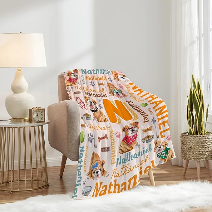 Personalized Custom Bulldog Blanket Gifts for Kids Boys Girls with Name - Customized Bulldog Super Soft Lightweight Flannel Sheets Decor for Crib Nap Couch - 50"x60" for Teens