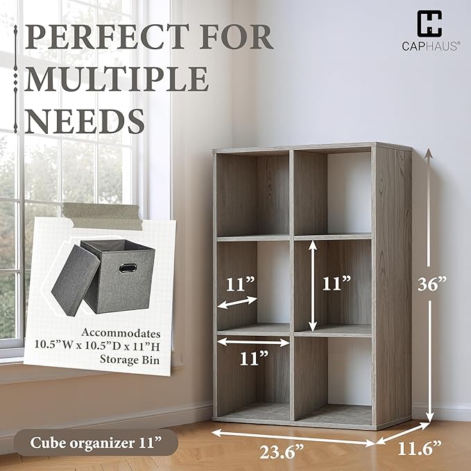 CAPHAUS 11-Inch Cube Storage Organizer Shelf, Home Storage Shelf Divider w/Back, 6-Cube Storage Bookcase, Dark Grey