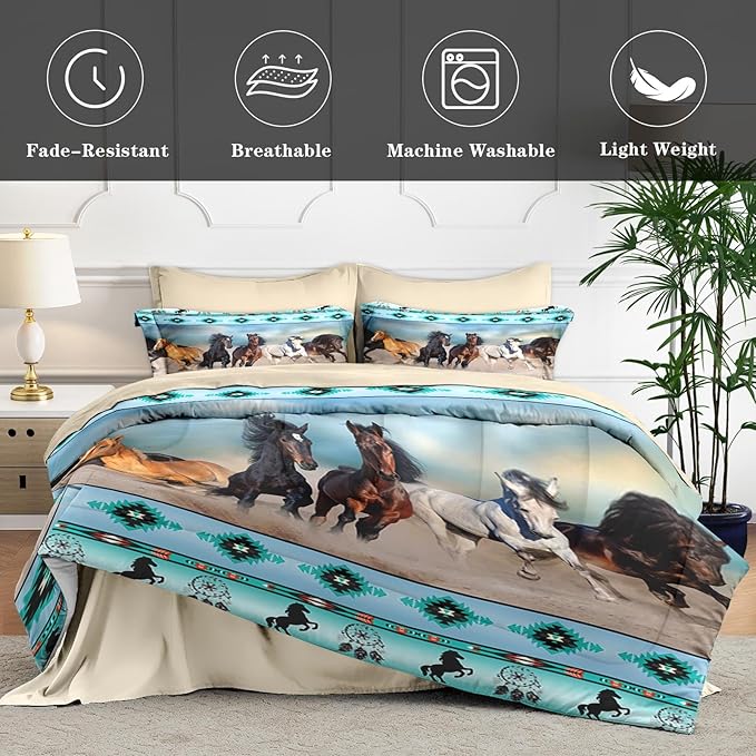 7 Pcs Queen Size Comforter Set with 2 Pillowcases & 2 Shams, Horses Western Bedding for Kids and Adults, Tribal Sunset Run Bed in a Bag with Flat Fitted Sheet