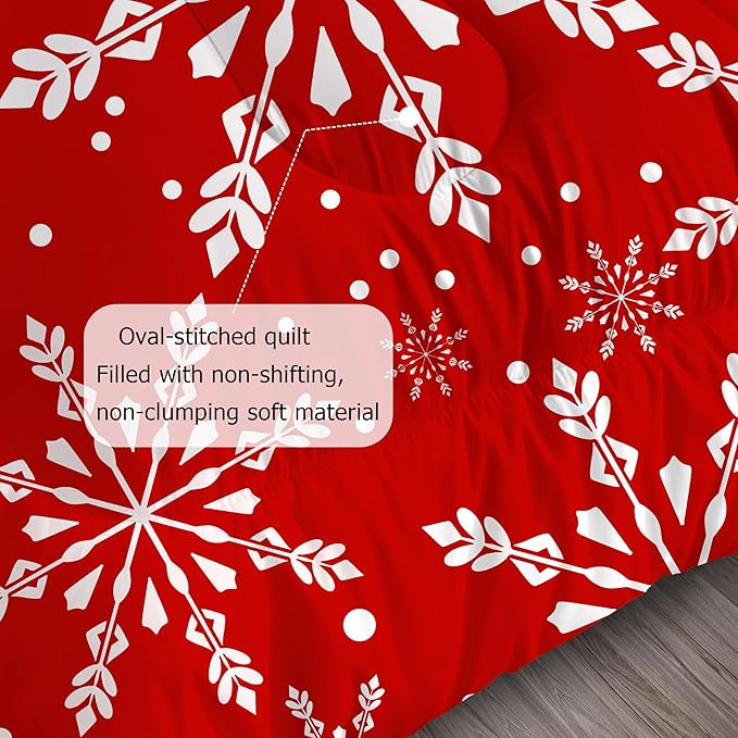 Comforter Set Christmas Snowflakes: Full Size Xmas White Snowflake Red Bedding Sets for Teens Girls Kids Women Adults Winter Festival Bedroom Decor 3 Piece Quilt Bed Set