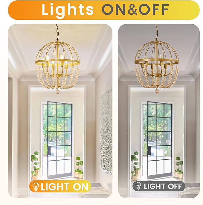 WJShome Modern Farmhouse Light fixtures, 6-Light Gold Boho Bead Spherical Chandelier, Dining Room Wooden Bead Lantern Pendant Light for Bedroom, Kitchen, Hallway, Entryway Foyer