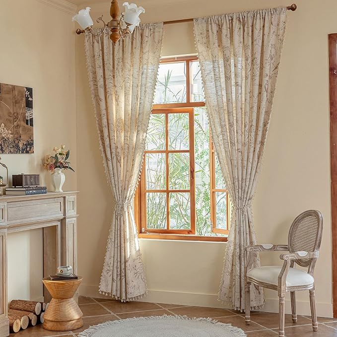 ENJOYBRIDAL Floral Curtains 63 Inch Long Farmhouse Semi Sheer Drapes Bird Patterned Short Rod Pocket 2 Panel Sets Window Curtains Boho Bedroom Living Room Botanical Decor Tassel Window Treatment