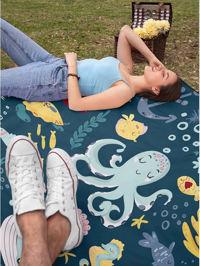 Thuswarm Cute Blue Sea Creatures Octopus Whale Flannel Blanket for Autumn Winter Gifts Warm Cozy Soft Funny Print Throw for Bed Couch Sofa 80”×60” Large for Adult