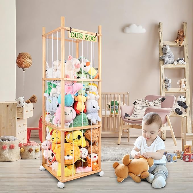 Stuffed Animal Storage with Wheels Wooden Stuffed Animal Holder 54" Stuffed Animal Organizer Space Saving Plushies Storage with Elastic Band Large Capacity Stuffy Storage for Playroom Bedroom