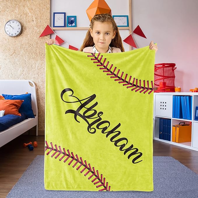 Personalized Softball Kids Blanket with Naumber and Name - Custom Sport Bed Blankets Gift for 0-3 Months Baby Essential and Warm 50x60inch