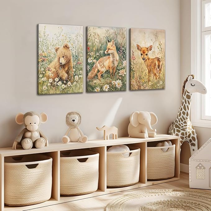 3Pcs Woodland Animal Nursery Canvas Wall Art Forest Animal Nursery Poster Prints Cute Wild Animals Painting Bear Deer Fox Artwork Picture Wall Decor for Boys Girls Room Playroom 16x24in Framed