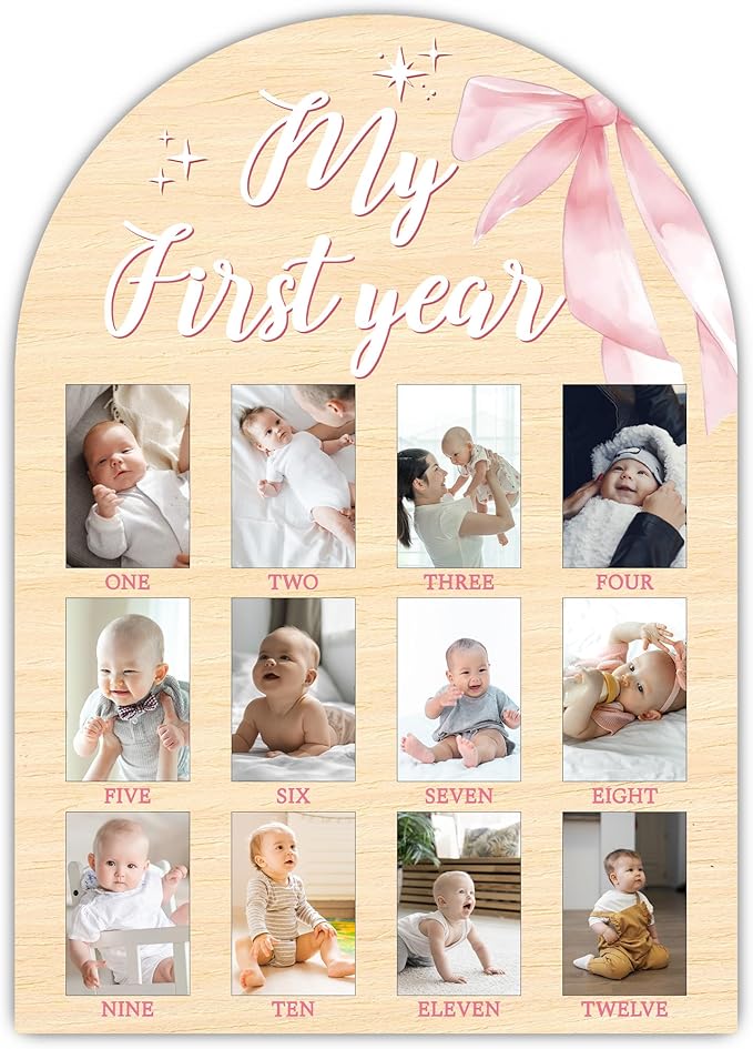 My First Year Milestone Photo Board, One Year of Wood Photo Board, 12 Monthly Baby Picture Frame, Pink Bow Nursery Decor, Girl Boy 1st Birthday Decorations, Baby Shower Keepsake Best Gift-A15