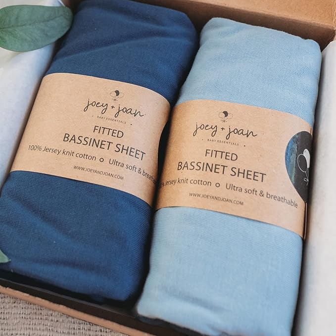 Bassinet Fitted Sheets for Chicco LullaGo Anywhere, Baby Bjorn Cradle and 14 x 29 Mattress Pad – Snuggly Soft 100% Jersey Cotton – Dusty Blue + Navy – 2 Pack