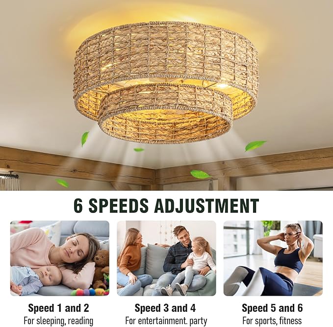 Boho Caged Ceiling Fans with Lights Flush Mount,Layered Rattan Ceiling Fan with Light Remote Control,Reversible 6 Speeds for Bedroom,Nursery,Living Room