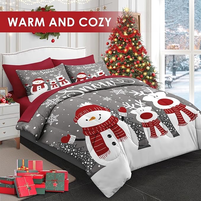 7 Pcs Queen Size Christmas Comforter Set with 2 Pillowcases & 2 Shams, Grey Cute Snowman Bedding for Kids and Adults, Cartoon Reindeer Bed in a Bag with Flat Fitted Sheet