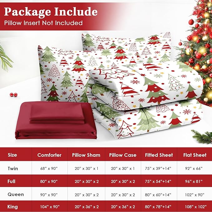 7 Pcs Queen Size Christmas Comforter Set with 2 Pillowcases & 2 Shams, Colorful Xmas Tree Bedding for Kids and Adults, Funny Winter Holiday Bed in a Bag with Flat Fitted Sheet