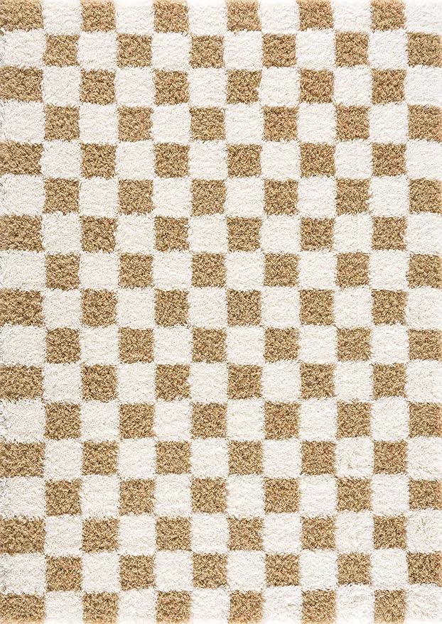 Hauteloom Atira Contemporary Checkered Fluffy Shag Area Rug - Modern Geometric Carpet Tiles for Living Room, Kids Room, Nursery - Plush Pile - Yellow, Cream, White - 5'3" x 7'3"