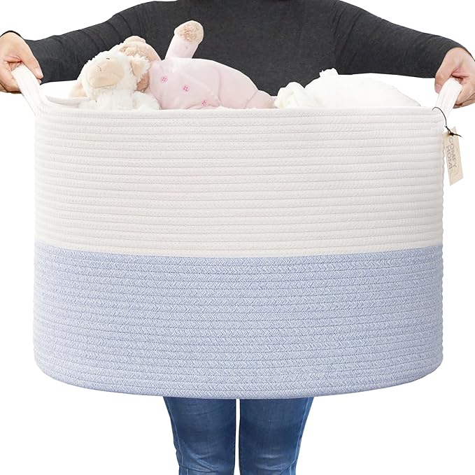 COMFY-HOMI XXXL Large Laundry Basket, Cotton Rope Nursery Woven Basket for Storage, Blanket Baskets Living Room Laundry Hamper, Dog Toy Storage Organizer, Home Decor-21''x21''x13.6''-White/Blue