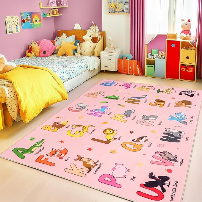 Kids Rugs for Playroom, 4x5 Feet Educational Rug for Learn The ABC Alphabet, Soft Machine Washable Non-Slip Cute Cartoon Animals Carpet for Classroom Toddler Nursery Kids Room Decor, Pink