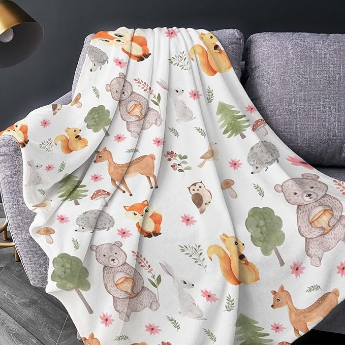 Thuswarm Cute Animals in The Woodland Flannel Blanket for Autumn Winter Gifts Warm Cozy Soft Funny Print Throw for Bed Couch Sofa 120”×90” Extra Large for Family