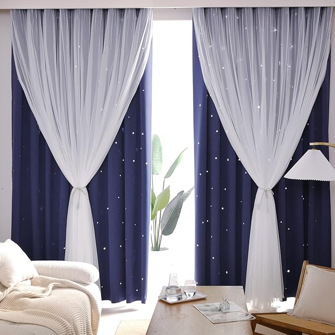 Kinryb Sheer Overlay Curtains for Girls Bedroom, W52xL84 Inches, 2 Panel Navy Blue Star Cutout Curtains with 2 Free Tiebacks