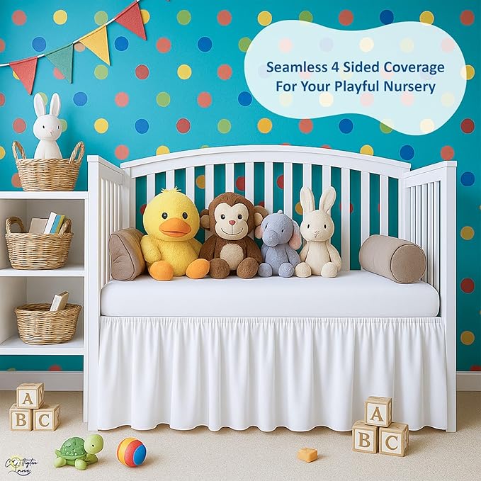 Cottignton Lane Ruffled Crib Bed Skirt, Soft Nursery Bedding in 100% Natural Cotton, Platform Style with 4-Sided Coverage & Split Corners – Fits Standard Cribs 28" x 52" with 14" Drop, White