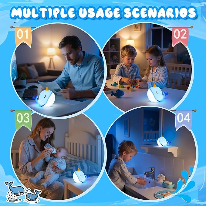 Ammonite Blue Narwhal Night Light, Soft Silicone Whale Nursery Lamp with 3 Dimming Levels and 30-Minute Timer, Touch Control Nightlight for Bedroom Decor, Christmas Birthday Gift