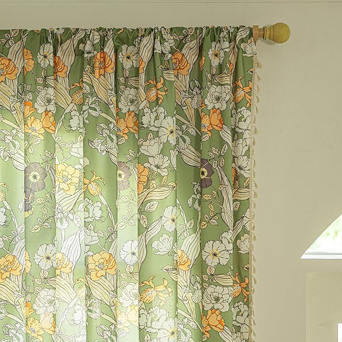 ENJOYBRIDAL Floral 63 Inch Curtains for Living Room Semi Sheer Drapes Bedroom Cute 2 Panels Short Window Curtain Panels Boho Rod Pocket Country Farmhouse Dining Room Window Treatments