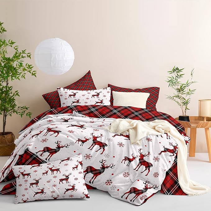 Christmas Duvet Cover Full Size Red Gingham Christmas Deer Bedding Set 3 Pcs Kids Boys Girls Grid Checked Xmas Snowflake Elk Comforter Cover with Zipper Closure (No Comforter)
