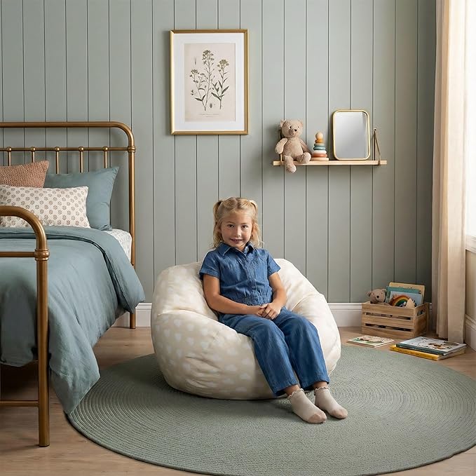 Big Joe Classic Bean Bag Chair for Kids Bedroom and Reading Nook, Easy-Clean Mini Clouds Oat, Durable Nylon Polyester Blend, 2 feet Refillable