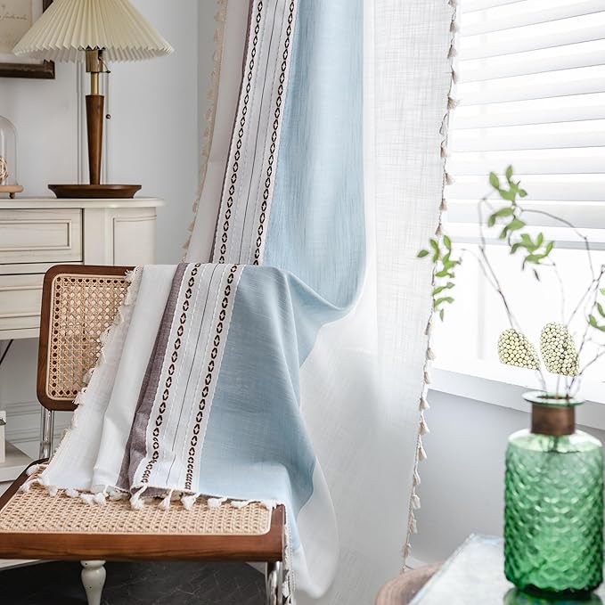 Deeprove Boho Linen Curtains 72 inch for Bedroom Living Room, Semi Blackout Southwest Fringe Window Treatment Bohemian Geometry Drape Rod Pocket 1 Panel 52" W x 72" L, Blue and Brown