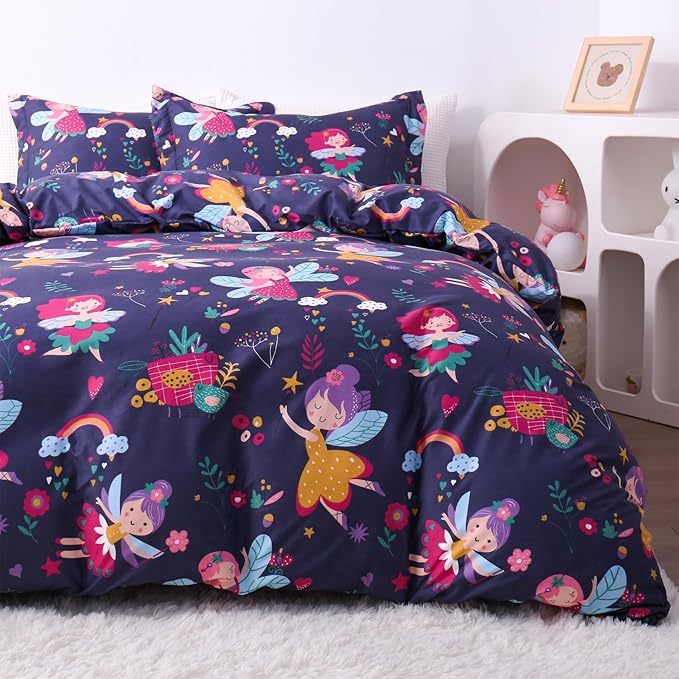 JSD Fairy Floral Kids Duvet Cover Set Queen Size, 3 Piece Girls Printed Microfiber Comforter Cover with Pillow Shams Zipper Closure, Comforter Not Included