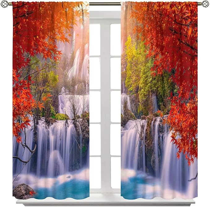 Forest Waterfall Blackout Windows Curtains, Autumn Red Green Maple Leaves Jungle Rainforest Natural Scenery Landscape Curtains, for Living Room Bedroom 52x84in 2 Panels