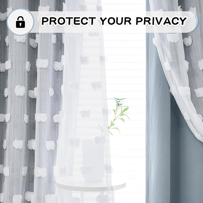 MYSKY HOME Room Darkening Curtains White Sheer Pom Pom Curtains for Living Room Dusty Blue Blackout Curtains for Sliding Door Decor Drapes 2 Layer Window Panels Boys Bedroom Grommet 2 Sets W52 X L95