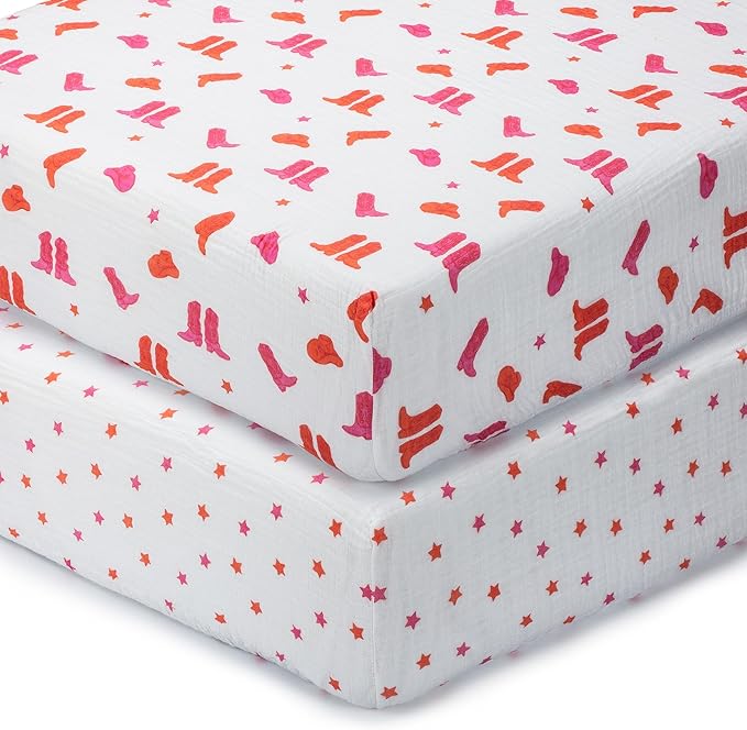 LollyBanks Baby Girl Crib Sheets 2 Pack, 100% Muslin Cotton Soft and Breathable Baby Crib Sheets, Snug Fitted Sheet for Standard 52"x28" Mattress, Nursery Must Haves (Pink Boot and Pink Star)