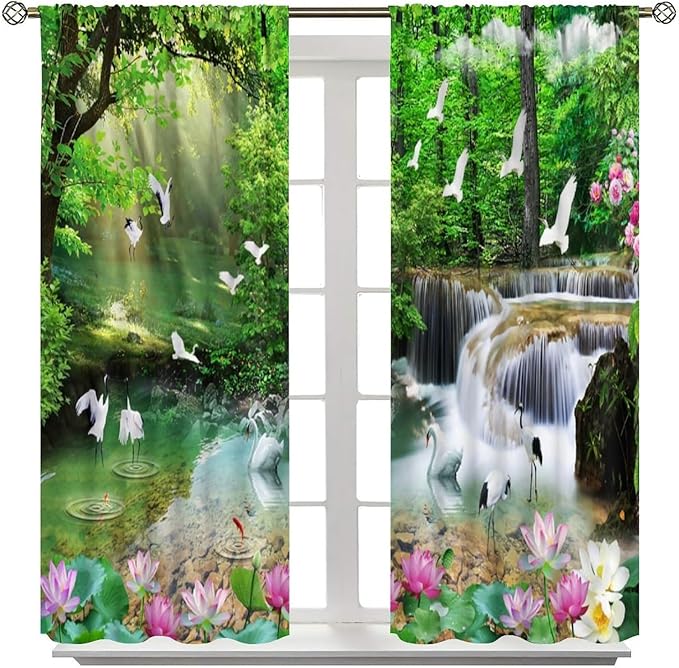 Nature Blackout Curtain, Waterfall Landscape Forest Swan Fish Pattern Rod Pocket Window Drapes, for Bedroom Living Room 72" W X 63" L
