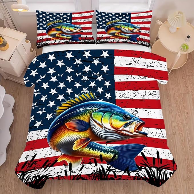 Bass Fish Comforter Set Twin Size Fisherman American Flag Bedding Set for Men Boys Teens Fishing Lover Bedroom Farmhouse Bed Set Wild Quilted,1 Comforter 1 Pillowcase