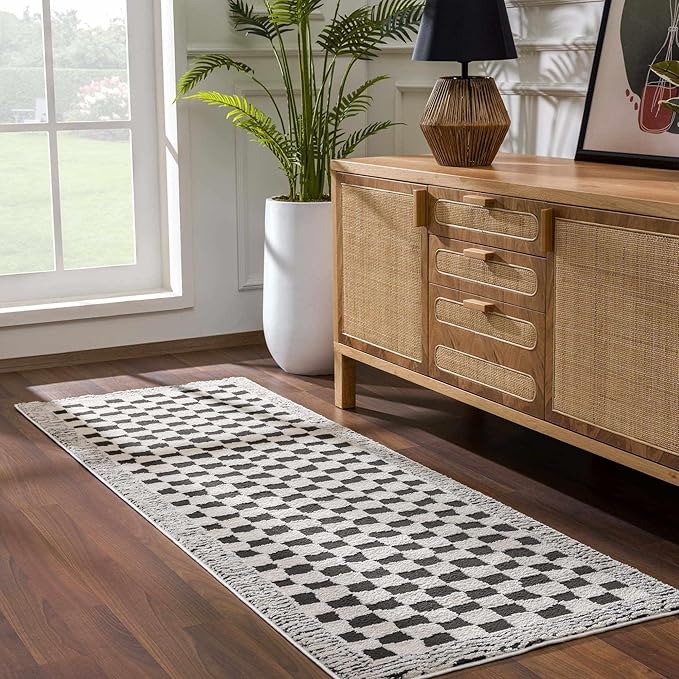 Hauteloom Leryn Contemporary Checkered Area Rug - Modern Geometric Bordered Carpet for Living Room, Bedroom, Dining Room - Checkboard Design - Square Tiles - High Pile - Black and White - 8'10" x 12'