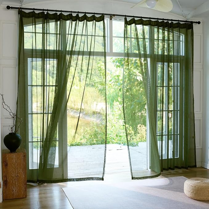 Olive Green Sheer Curtains 84 Inches Long 2 Panels, Dark Textured Linen Look See Through Drapes, Thin Light Filtering Window Treatments, DIY Pinch Pleat Sliding Glass Door Curtain