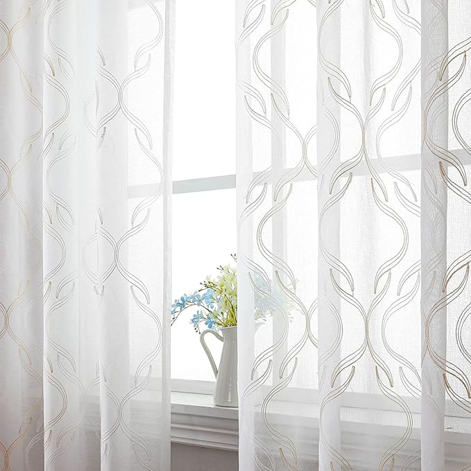 VISIONTEX Sheer Curtains 72 Inches Long 2 Panels Set, Beige and Ivory Moroccan Embroidery Texture Geometric Rod Pocket White Voile Tulle Semi Window Treatment Pair for Bedroom, W54 x L72