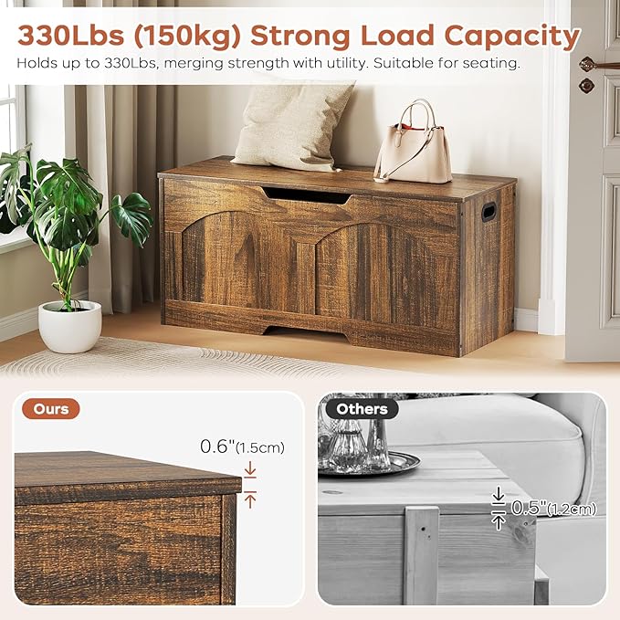 Storage Bench, 39.4" Retro Storage Trunk, Storage Chest with 2 Safety Hinges, U-Shaped Cut-Out Pull, Farmhouse Style, 39.4" x 15.7" x 18.3", Entryway Storage Bench, Supports 330 lb, Rustic Brown