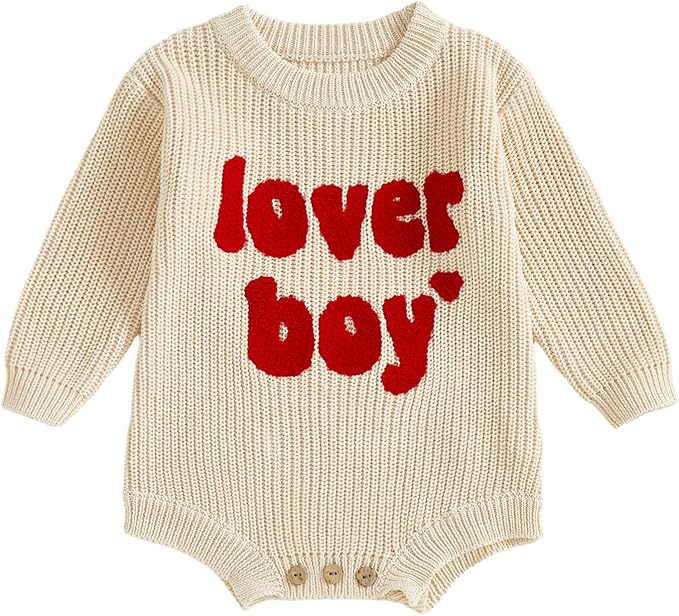 Lesimsam Newborn Baby Boy Girl Valentines Day Outfit Oversized Embroidery Long Sleeve Knit Sweater Bubble Romper Bodysuit