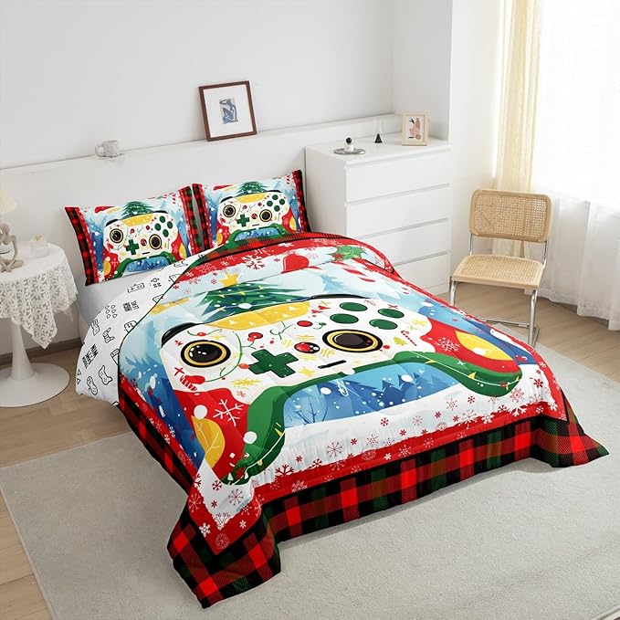 Gamer Gaming Comforter Set Twin Size,Christmas Tree Snowflake Bedding Set for Kids Boys Girls Room Decor,Video Games Christmas Theme Quilt Set 2Pcs,Red Green Plaid Xmas Duvet Insert,1 Pillowcase